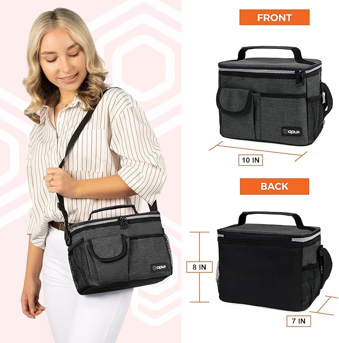 opux Insulated Lunch Bag for Men Women, Leakproof Charcoal Grey Lunch Box for Work, Portable Soft Lunch Cooler Bag with Shoulder Strap, Adult Lunchbox Lunch Pail for Kid Boy Girl School, 14 Can/8L