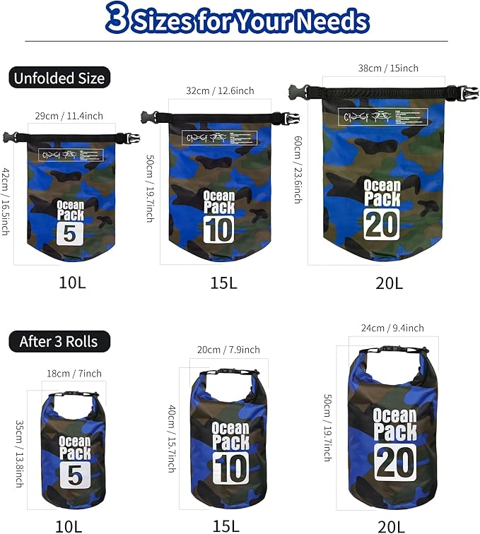 Dry Bag Waterproof for Women Men,10L Rolled Lightweight Dry Storage Bag Backpack with Phone Case for Travel,Swimming,Boating, Kayaking,Camping & Beach,Blue