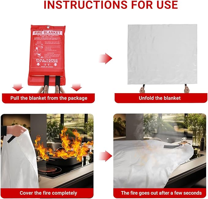 Heavy-Duty Emergency Fire Blanket, 1 Pack – Fireproof Fiberglass Blanket for Kitchen, Home, Grill, Fireplace, Camping, Heat Shield, Grease Fires, Emergency Fire Suppression