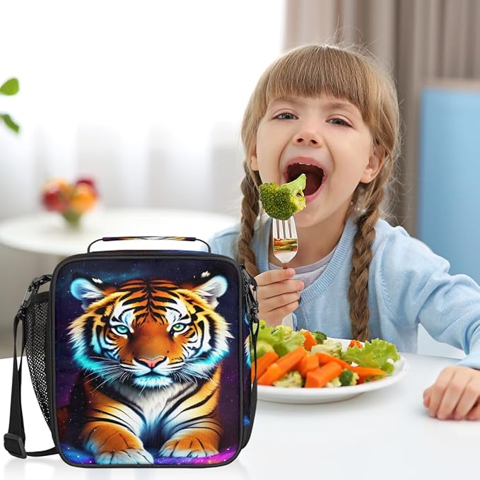 Galaxy Colorful Tiger Insulated Lunch Bag for Girls Boys Teen Cute Tiger Reusable Lunch Box with Shoulder Strap Freezable Thermal Cooler Bag Meal Prep Boxs for School Travel Picnic Beach Lunch Pail