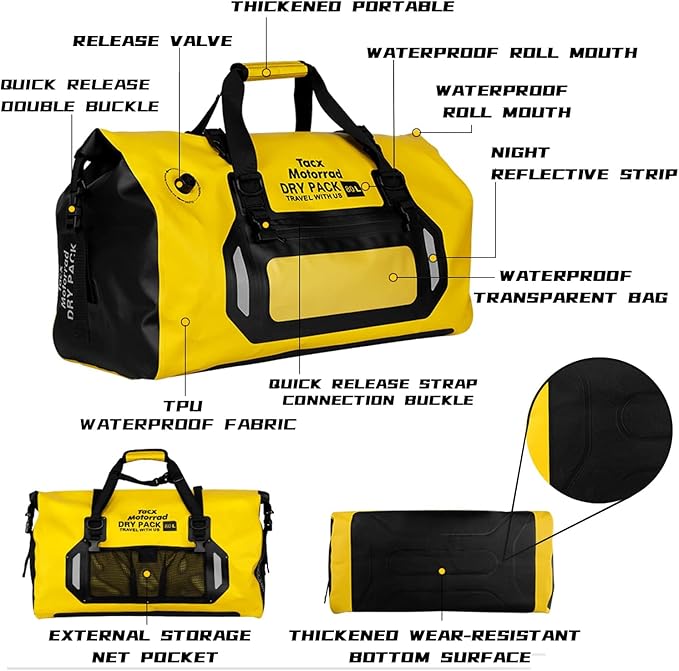 Waterproof Duffel Bag for Men/Women, Roll-top Dry Backpack Duffel Bag with Quick-fixed Straps, Motorcycle Tail Saddle Bag for Motorcycling, Rafting, Boating, Kayaking, Travel, 80L-Yellow
