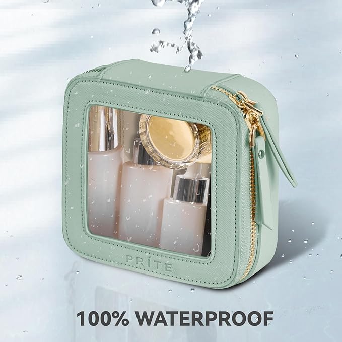 Prite Small Makeup Bag for Women Portable Clear Makeup Bag Cute Mini Waterproof Travel Cosmetic Bag with Gold Zipper for Car Essentials(Green)