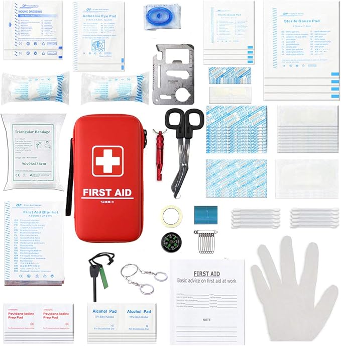 SHBC Compact First Aid Kit (139 Piece) Adventure Medical Kits Waterproof- Includes Emergency Blanket, Fire Starter, Compass, Wire Saw for Survival, Home, Car, Camping, Hiking, Hunting, Sport
