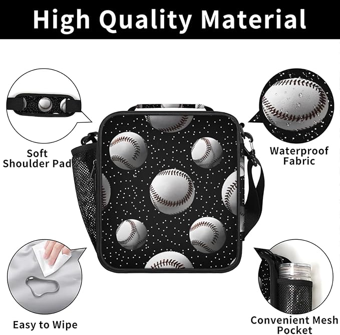 Baseball Black Kid Lunch Bags with Shoulder Strap Insulated Lunch Boxes for Boy Girls Waterproof Thermal Cooler Tote Bag Portable Picnic Bag for School Work Outdoor Gifts