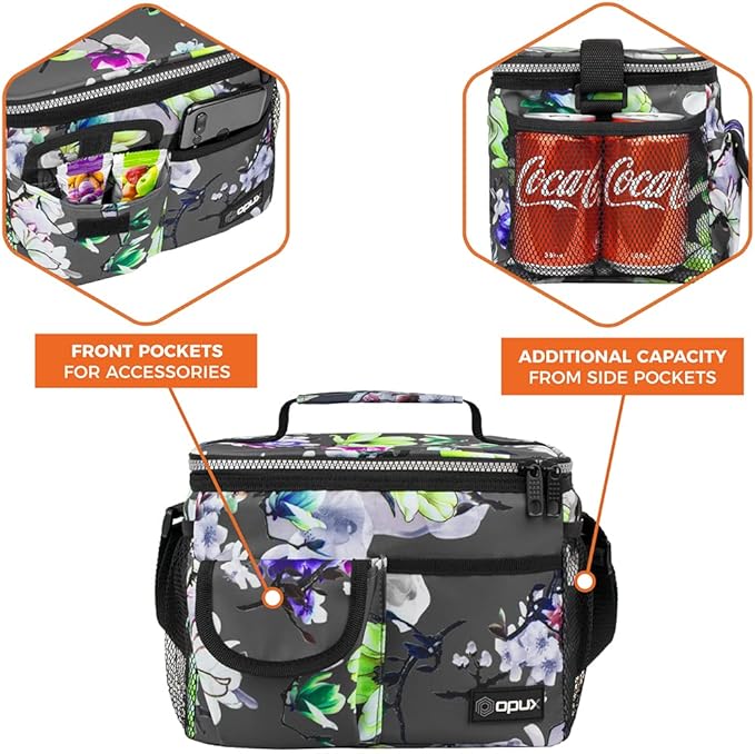 opux Insulated Lunch Bag for Men Women, Leakproof Floral Grey Lunch Box for Work, Portable Soft Lunch Cooler Bag with Shoulder Strap, Adult Lunchbox Lunch Pail for Kid Boy Girl School, 14 Can/8L