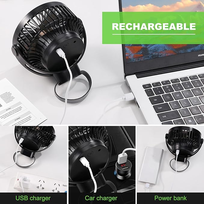 Odoland 2 Packs 10000mAh Camping Rechargeable Fan with Hanging Hook Carabiner, Portable Battery Operated Tent Fan, Quiet Strong Airflow, Outdoor USB Desk Fan for Picnic Travel Barbecue Fishing