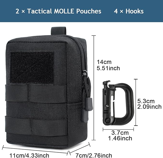 MUCHER 2 Pack Molle Pouches Tactical Pouches EDC Pouch Organizer Molle Bag Utility Pouch with 4 Carabiners for Outdoor Hiking Hunting Camping Training