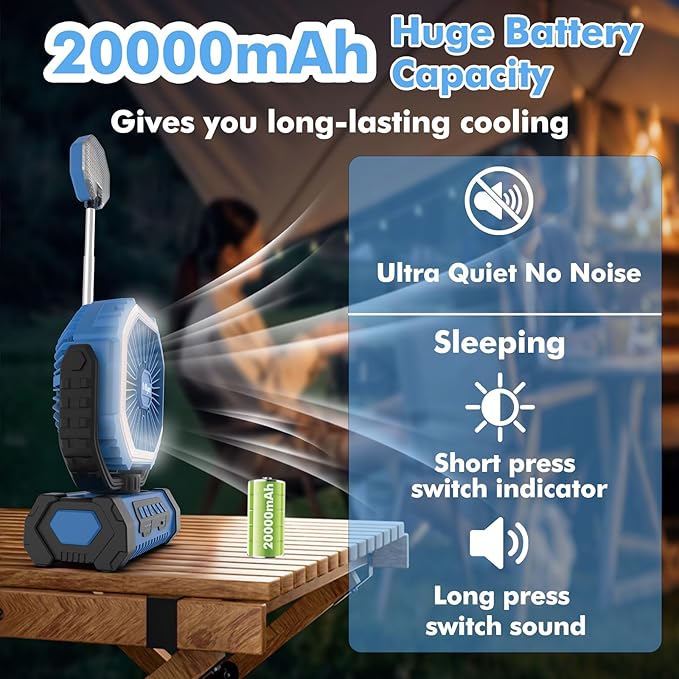 Portable Camping Fan with Led Lantern, 20000mah Rechargeable Battery Outdoor Fan,4 Speed with Remote, Auto Oscillation, 360° Rotation Hook, for Camping, Power Outage,Hurricane, Home (Blue)