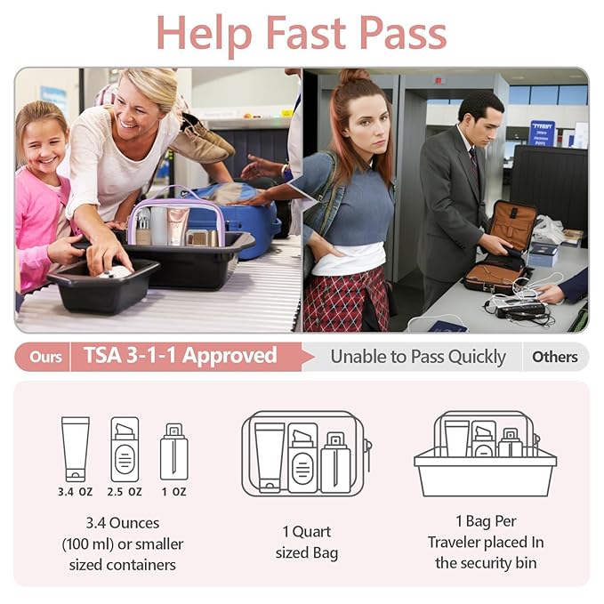 PACKISM Floral Texture Lace TSA Approved Toiletry Bag - 180° Opening Clear Makeup Bags in 2 Size, Clear Toiletry Bags with Handle, 0.5 mm Thick Non-deformable No Smell, Purple