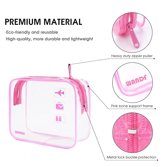 TSA Approved Clear Travel Toiletry Bag wih Zippers Carry-on Travel Accessories Quart Size Toiletries Cosmetic Pouch Makeup Bags for Men and Women (2pcs Pink)