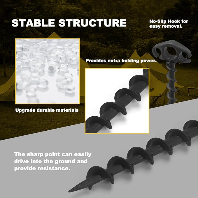 Tent Stakes Sand Stakes for Beach Tent 6 Pack Spiral Anchor Stakes 9.4 Inch Heavy Duty Screw Canopy Stakes for Camping, Hiking and More (6, Black)