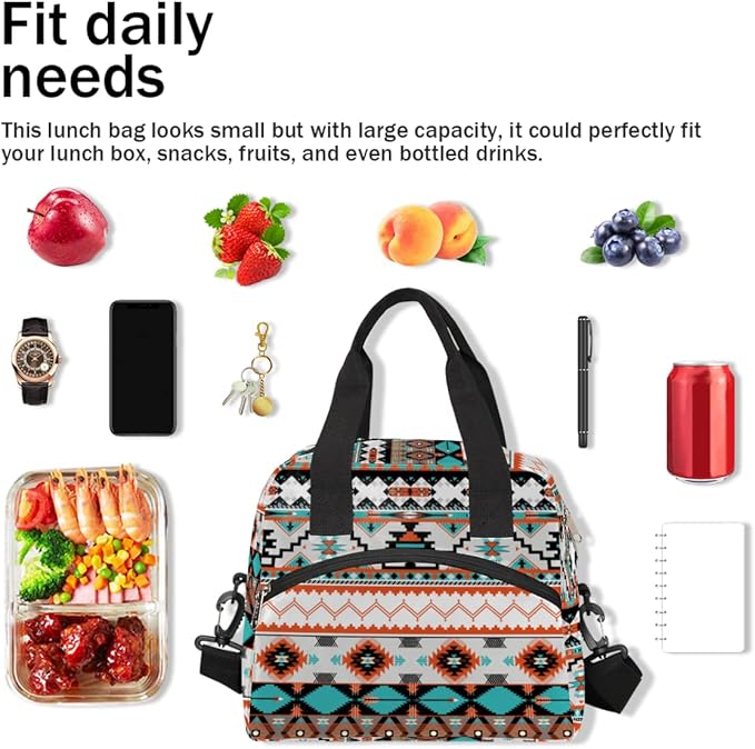 Western Style Insulated Lunch Bags for Women Men Adult Ethnic Aztec Geometric Reusable Lunch Tote Therma Cooler Bag with Shoulder Strap Lunch Box for School Work Office Picnic Meal Prep Bag