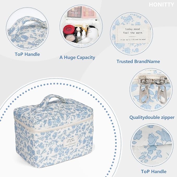 Makeup Bag,Quilted Cosmetic Bags,Large Floral Make Up Bags for Women, Makeup Organize,Flower Travel Toiletry Bag