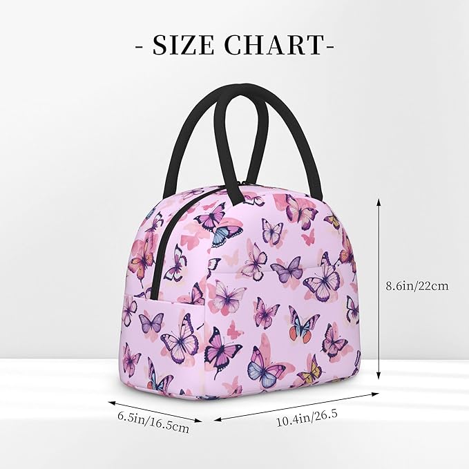 Pink Butterfly Lunch Bag Lunch Box for Women Men Boys Girls, Reusable Insulated Lunch Tote Bag, Leakproof Thermal Cooler Sack Food Handbags High Capacity for Work School Picnic Camping Gifts