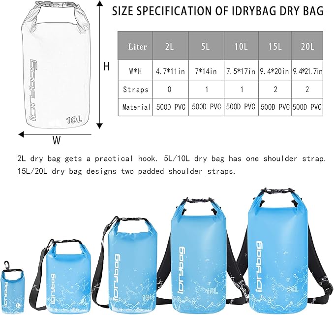 IDRYBAG Clear Dry Bag Waterproof 2L/5L/10L/15L/20L, Small Dry Sack Waterproof Bag for Kayaking