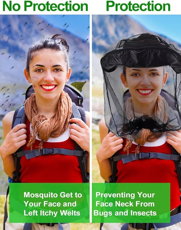 wohohoho Mosquito Head Net Mesh with Drawstring, Bug Face Netting for Hats, Mesh Face Shield for Men & Women Screen Net for Any Outdoor Lover Midges, Bugs & Gnats (4 Packs, Black Colors, Updated Size)
