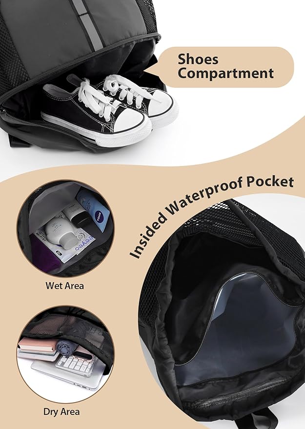 U.helper Waterproof Gym Drawstring Backpack, Sports Sack with Shoes Compartment & Wet Pockets for Ball/Beach/Swim Training (Black)