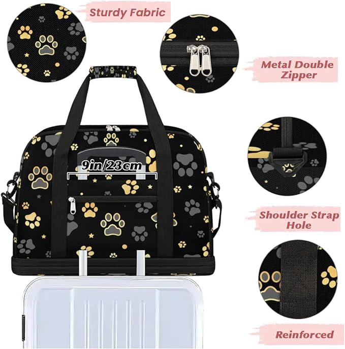 Dog Paw Print Foldable Travel Duffel Bag, Expandable Sports Gym Bag with Shoes Compartment Weekender Overnight Totes Bags for Women Men