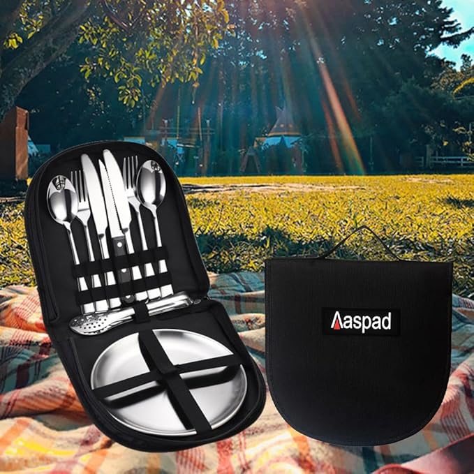 Picnic Cutlery Kit with Portable Case Camping Essentials Silverware Set Travel Utensils Outdoor Tableware Stainless Steel Flatware with Forks,Spoons,Serrated Knife,Food Clip,Plates (Sliver)