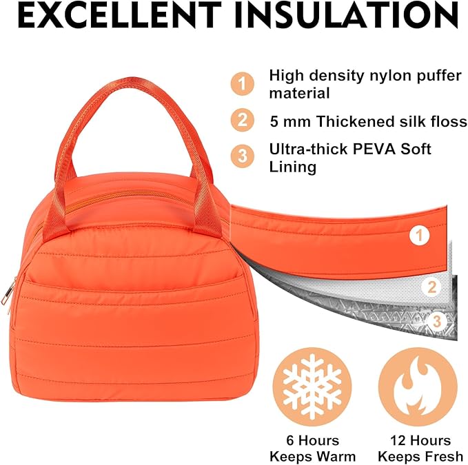 Lunch Bag Lunch Box for Women Men Adult Insulated Cute Small Quilted Puffer Lunchbox Reusable Thermal Lunch Cooler Tote Bag for Work, Picnic or Travel-Orange