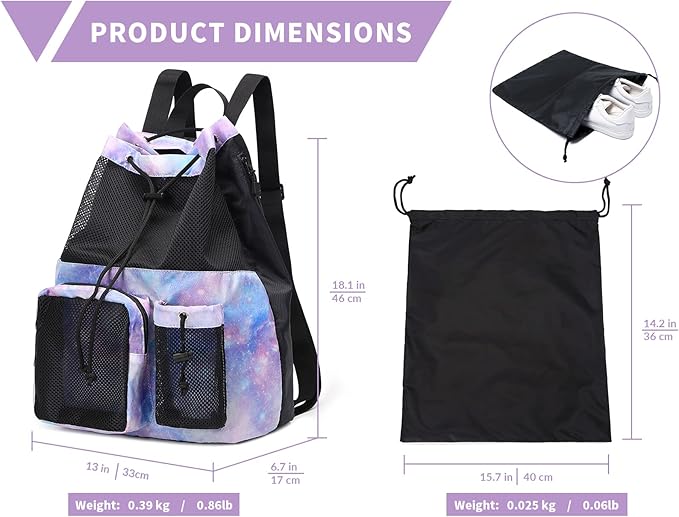 Lohol Large Mesh Drawstring Backpack with Shoe Bag, Durable Swimming String Sack with Handle for Sports Gym Yoga Beach Travel