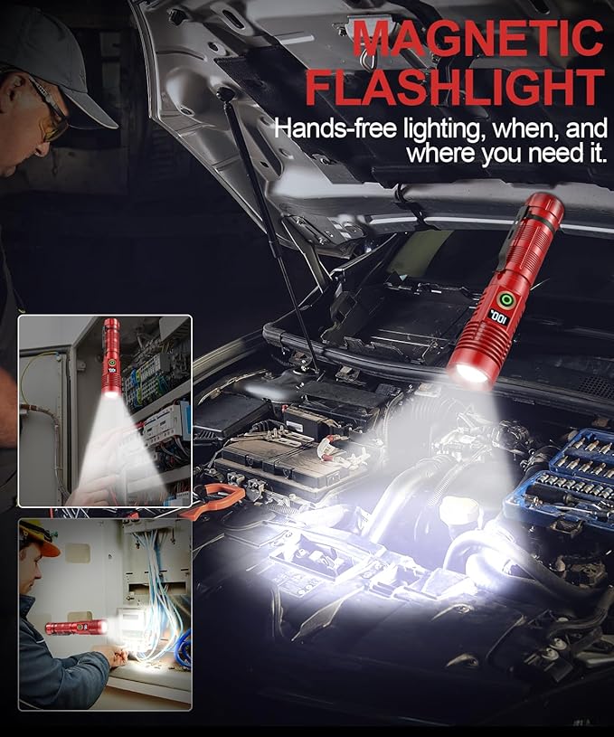 Rechargeable Flashlight High Lumens-12000LM Super Bright Magnetic Flash Light with Power Digital Display,3280Ft Long Range,Dimmable,Waterproof,Pocket Tactical LED Flashlights for Emergency,Red 1PC