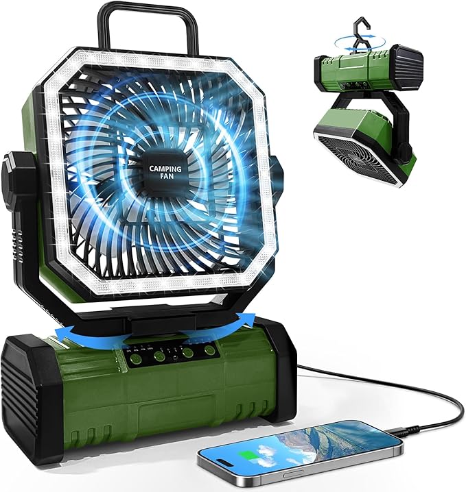 Portable Camping Fan, 20000mAh Rechargeable Battery Operated Oscillating Fan for Tents, 4 Speeds, 360° Rotation Hook, LED Light for Outdoor RV Travel Essentials- Green(No Bluetooth Speaker)