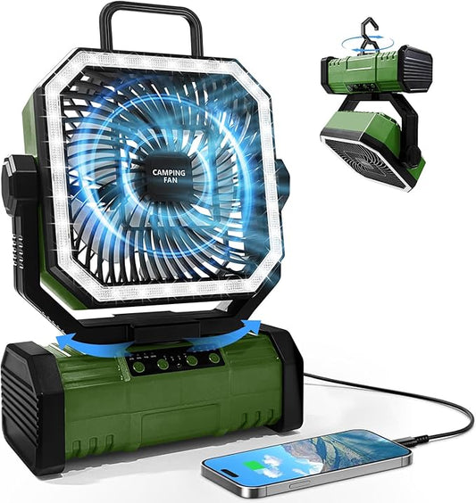 Portable Camping Fan, 20000mAh Rechargeable Battery Operated Oscillating Fan for Tents, 4 Speeds, 360° Rotation Hook, LED Light for Outdoor RV Travel Essentials- Green(No Bluetooth Speaker)