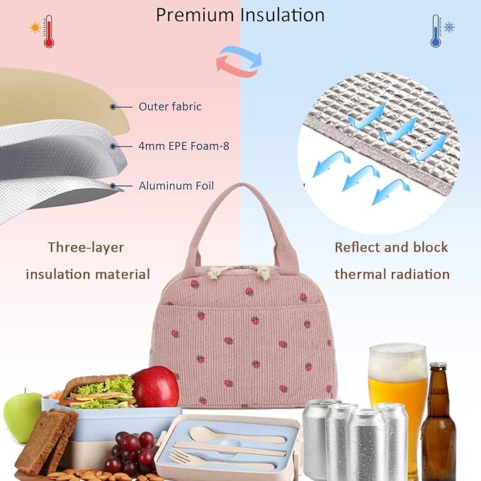 Corduroy Insulated Lunch Bag, Pink with Strawberry Pattern, Thermal Cooler Tote, Portable Large Capacity for Work or Picnic, 8.5L