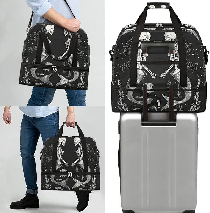 cfpolar Woman Travel Duffel Bag Skull Mermaid Foldable Tote Carry On Luggage Sports Gym Bag With Shoe Compartment Overnight Weekend Yoga Workout Bag Training Handbag