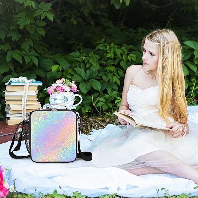 Leopard Print Kids Lunch Bag Rainbow Leopard Skin Insulated Lunch Box Mini Cooler Back to School Thermal Meal Tote Kit Bento Tote Bags Thermal Lunchbox for Boys Girls