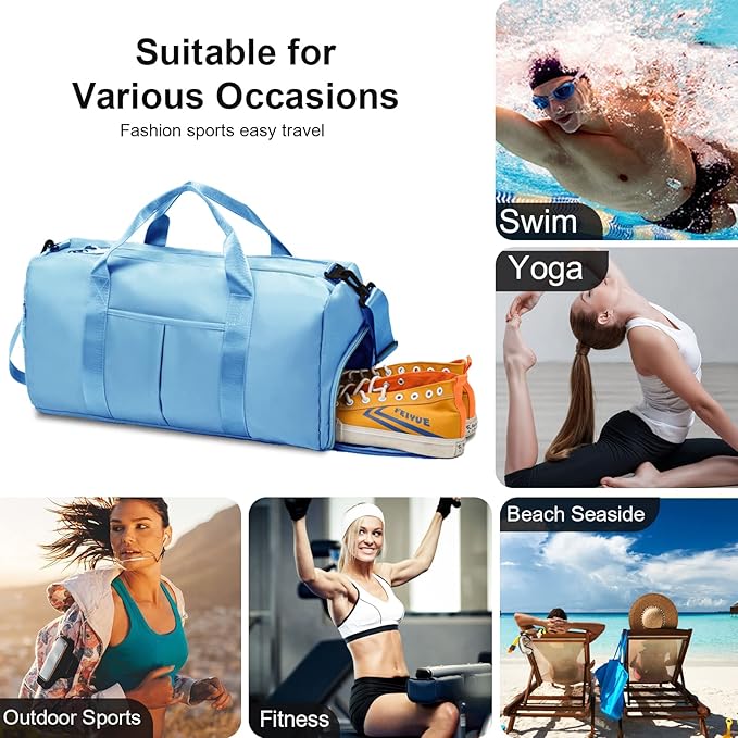 ZGWJ Sports Gym Bag with Wet Pocket & Shoes Compartment, Waterproof Shoulder Weekender Bag for Women and Men Swim Sports Travel Gym Bag Lightweight and easy Carry on Light Blue