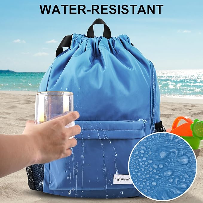 Drawstring Backpack with Mesh Pockets String Gym Bag Sackpack Sandproof Water Resistant Beach Backpack for Men Women