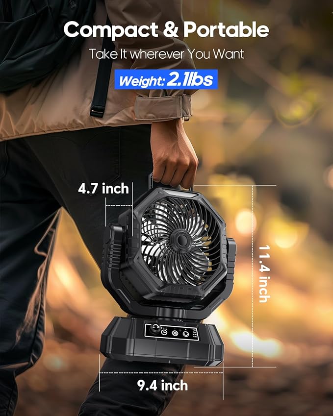 Portable Fan Rechargeable, 20000mAh Battery Powered Fan, LED Light, Remote Controller, Dual-Blade, 90°/270° Swing, 1-3H Timer, Battery Operated fan For Travel Tent Camping Bedroom Office Beach Fishing