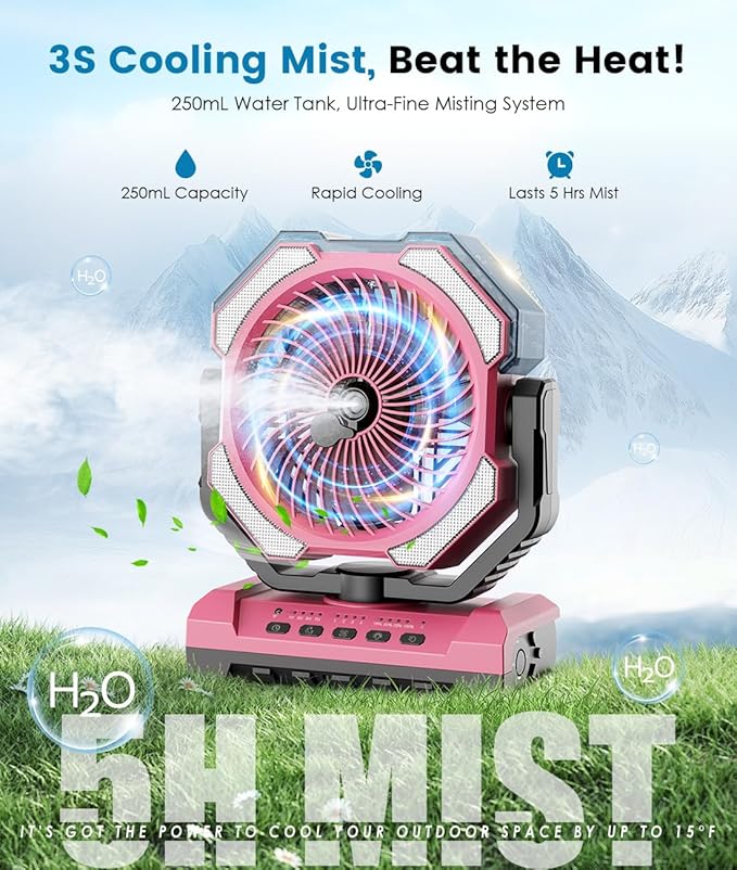 Misting Fan - Pink Portable Rechargeable Fan with 9oz Water Tank, Light, Hook - Versatile, 120H MAX Cooling, Last 5H Mist, 4 Speed, Sleep Mode - Outdoor Fans for Camping, Travel, Patios
