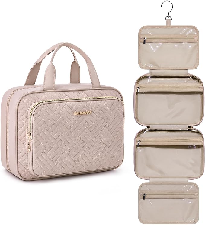 BAGSMART Travel Toiletry Bag Hanging Travel Makeup Organizer Cosmetic Bag Makeup Bag for Full Sized Toiletries, Basic-Pink