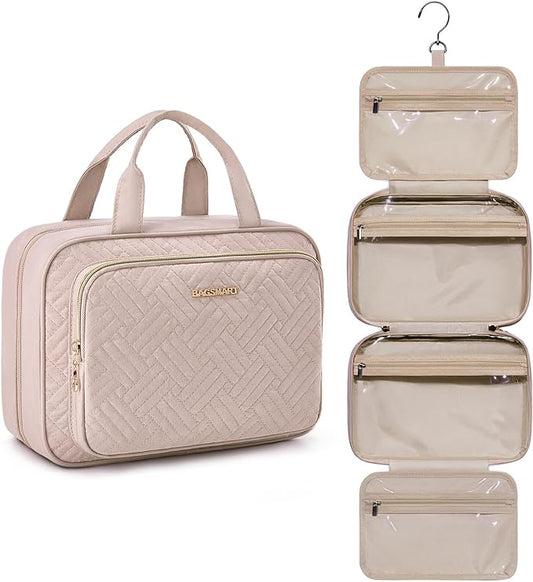 BAGSMART Travel Toiletry Bag Hanging Travel Makeup Organizer Cosmetic Bag Makeup Bag for Full Sized Toiletries, Basic-Pink