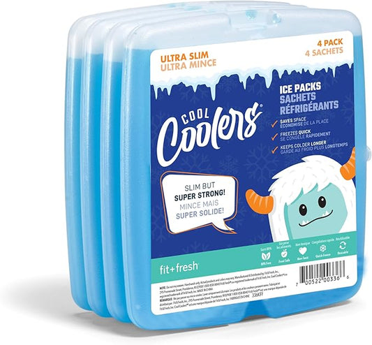 Cool Coolers by Fit + Fresh, 4 Pack Slim Ice Packs, Space Saving Reusable Ice Packs for Lunch Boxes or Coolers, Blue, Single Pack