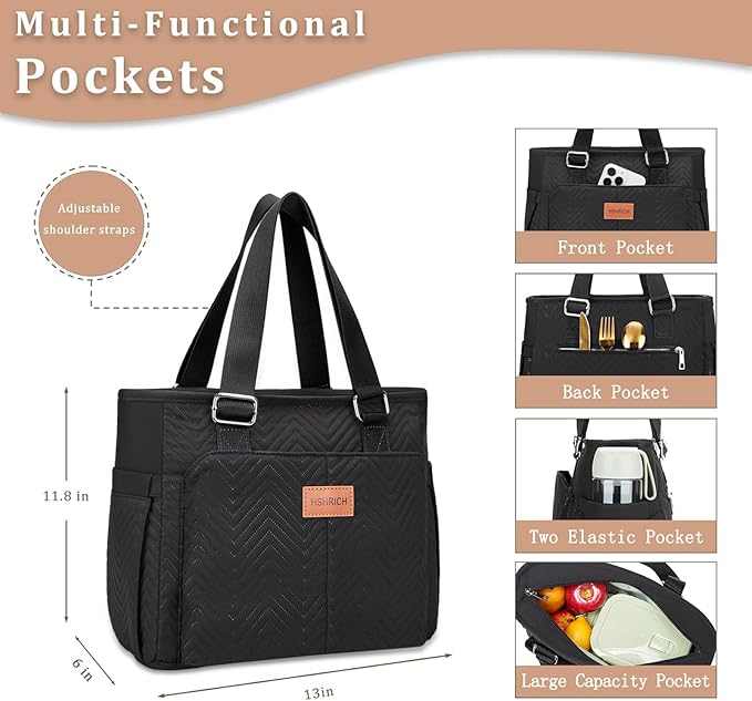 Large Women's Insulated Lunch Bag, Black, 12L, Composite and Aluminum