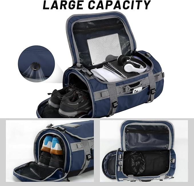 MIER Large Duffel Backpack Sports Gym Bag with Shoe Compartment, Heavy Duty and Water Resistant, Navy Blue, 90L
