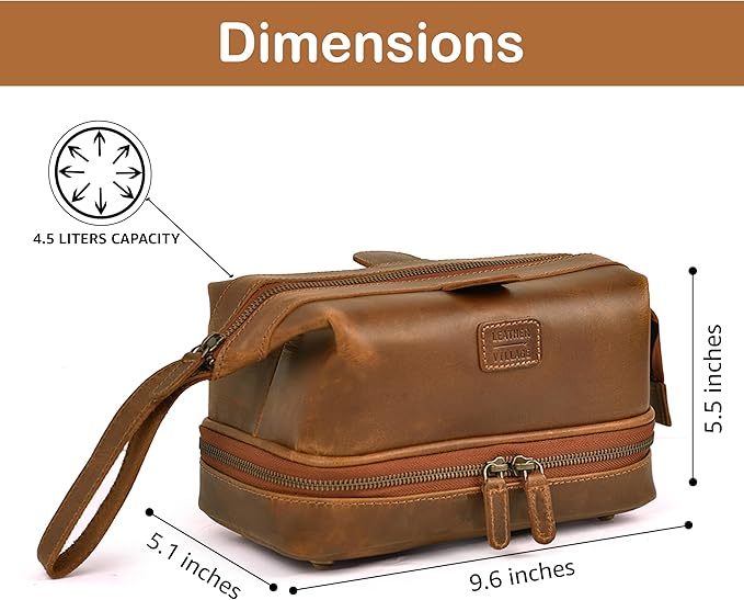 LEATHER VILLAGE Genuine Leather Dopp Kit – Large Travel Toiletry Bag with Waterproof Lining, Dual-Zip Design for Men & Women, Organizer for Shaving, Makeup & Essentials - Tan