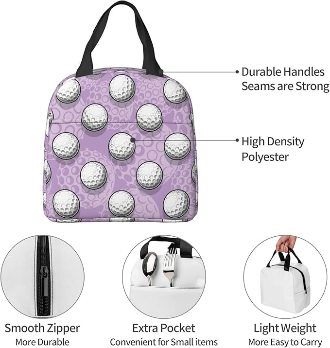 VOOHDDY Golf Ball Cute Purple Insulated Lunch Bag For Men Women Reusable Lunch Box Container Waterproof Portable Cooler Thermal Tote Bag For Work Office Picnic Beach Travel