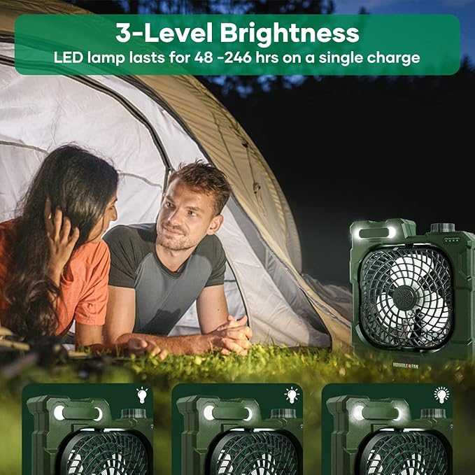 kejector Portable Rechargeable Camping Fan - Battery Operated Oscillating Fan Outdoor Travel Cordless Misting Fans with LED Lantern, USB Ports, Summer Personal Cooling Desk Fans for Tent (Green)