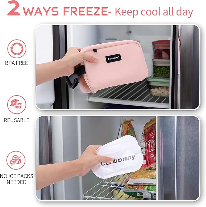 Cerbonny Cooler Bag Freezable Lunch Bag for Work School Travel,Leak-proof Small Lunch Bag,Small Insulated Bag For Kids 3+/Adults,Freezer Lunch Bags,Freezable Snack Bag,Pink