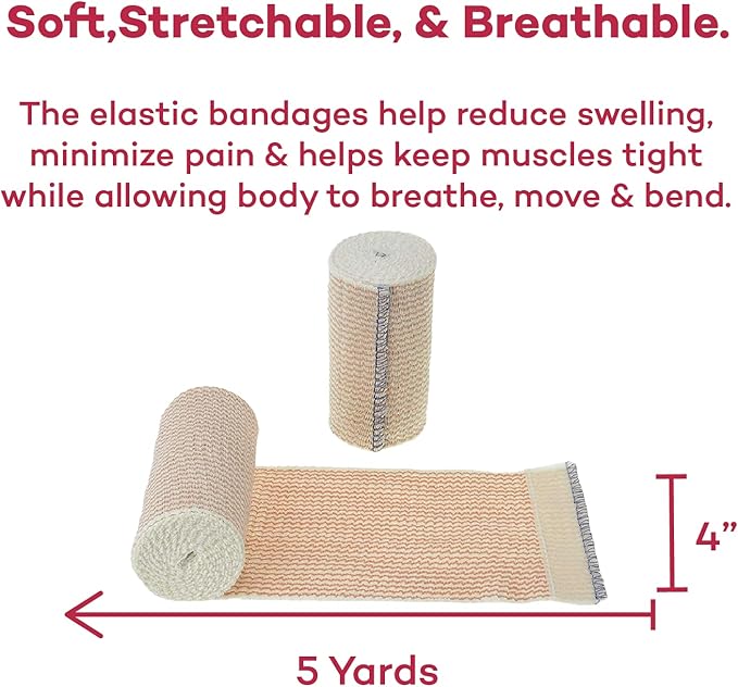Dealmed 4" Elastic Bandage Wrap with Self-Closure – 50 Elastic Bandages, 5 Yards Stretched Compression Bandage Wrap, Wound Care Product for First Aid Kit and Medical Facilities