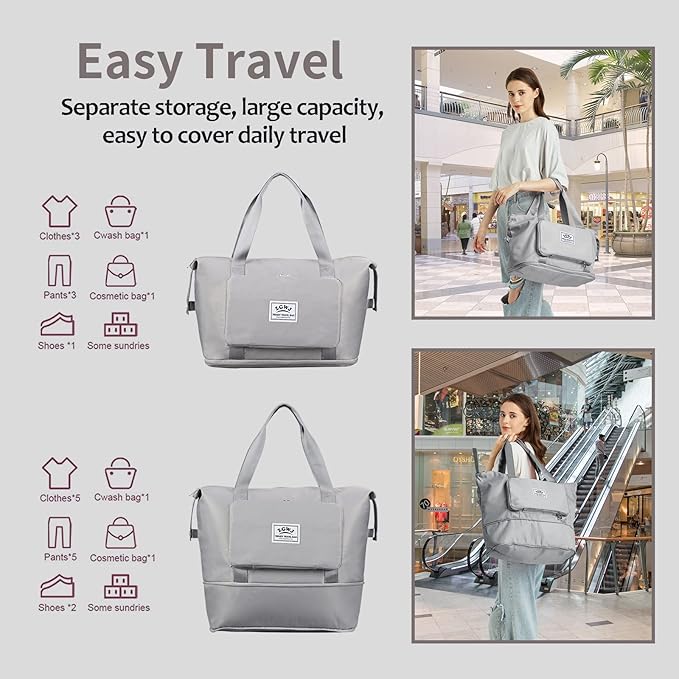 Expandable Travel Duffel Tote Bag - Foldable Overnight Weekender, Carry-On, Swim & Gym Bag - Fits Spirit Airlines Personal Item Size - Lightweight, Waterproof & Durable with Trolley Sleeve,Grey