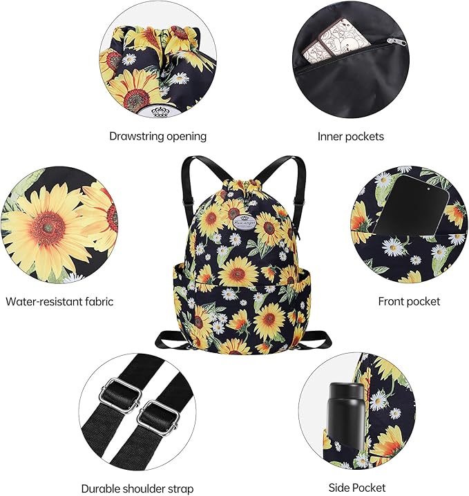 HUA ANGEL Floral Print Drawstring Bag - Lightweight Waterproof Cinch Sackpack with Side Pocket for Men & Women Travel Gym Bag