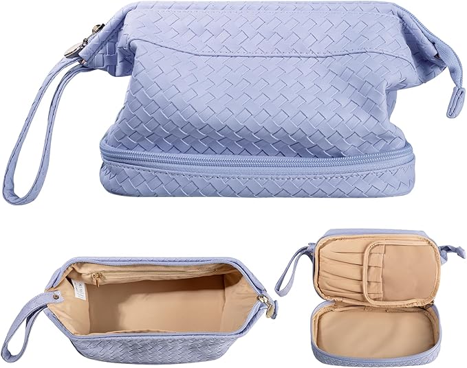 Abiudeng Large Capacity Makeup Bag Ladies Cosmetic Bag Travel Bag with Compartments Portable PU Leather Travel Makeup Bag with Handle