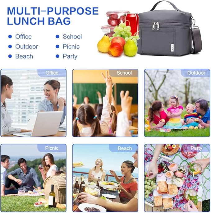 NOL Natural Organic Lifestyle Small Insulated Lunch Bags for Women Cooler Bag Lightweight Nylon Waterproof Lunch Box For Work（Small,Gray）