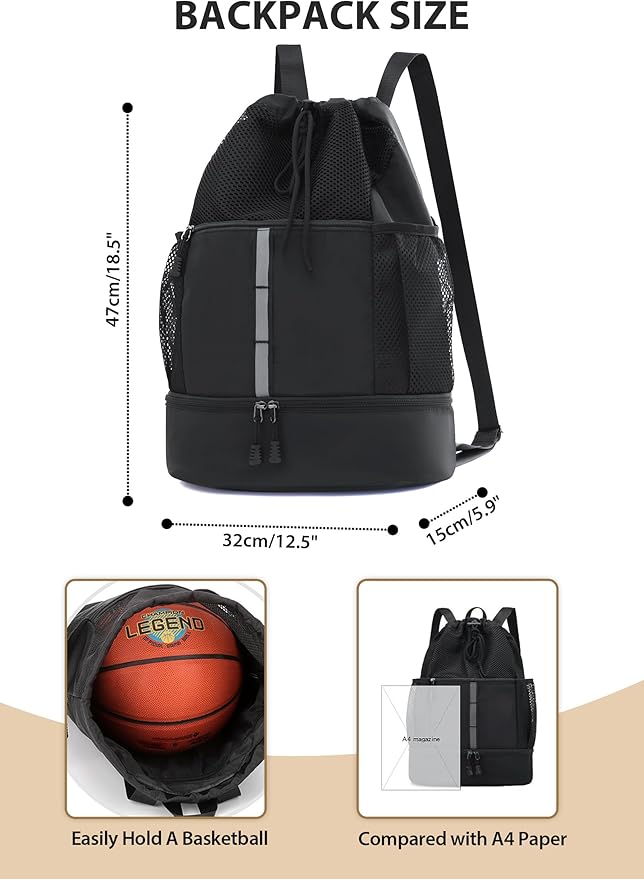 U.helper Waterproof Gym Drawstring Backpack, Sports Sack with Shoes Compartment & Wet Pockets for Ball/Beach/Swim Training (Black)